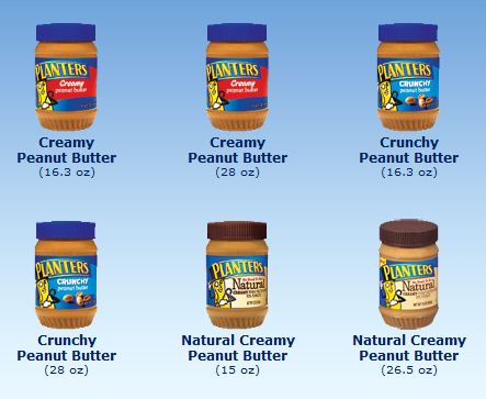 Variety of Planters Peanut Butter products